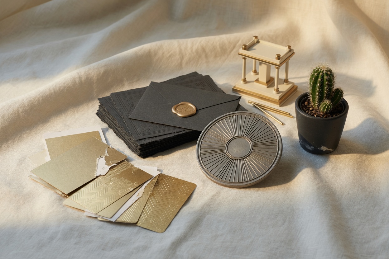 Materiales de marca, sello y papelería sobre lino