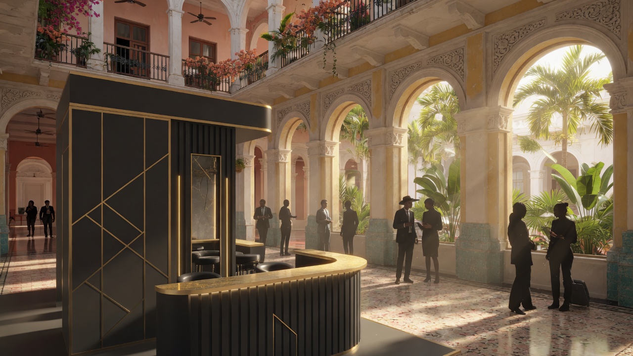 Stand contemporáneo en un patio colonial con arcos y luz tropical