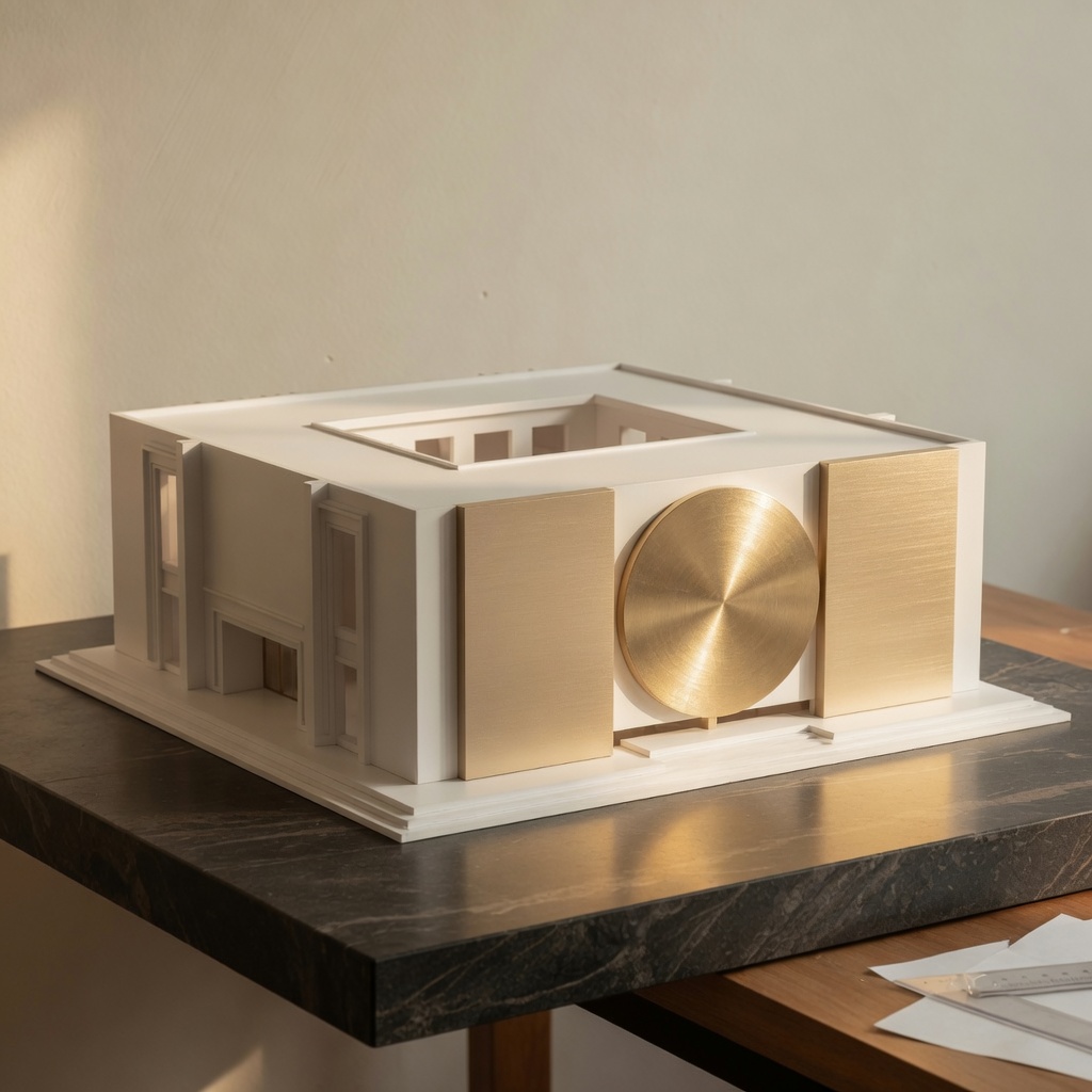 Maqueta de un pabellón de feria en blanco y oro, sobre mesa de piedra