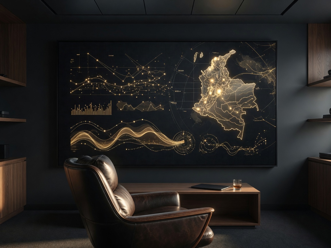 Sala de operaciones con visualización de datos de Colombia en una pantalla de gran formato
